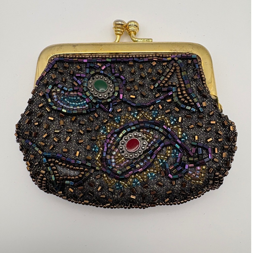 Vintage Beaded Kiss Lock Coin Purse‎ Iridescent Paisley Seed Bead Clutch Bag